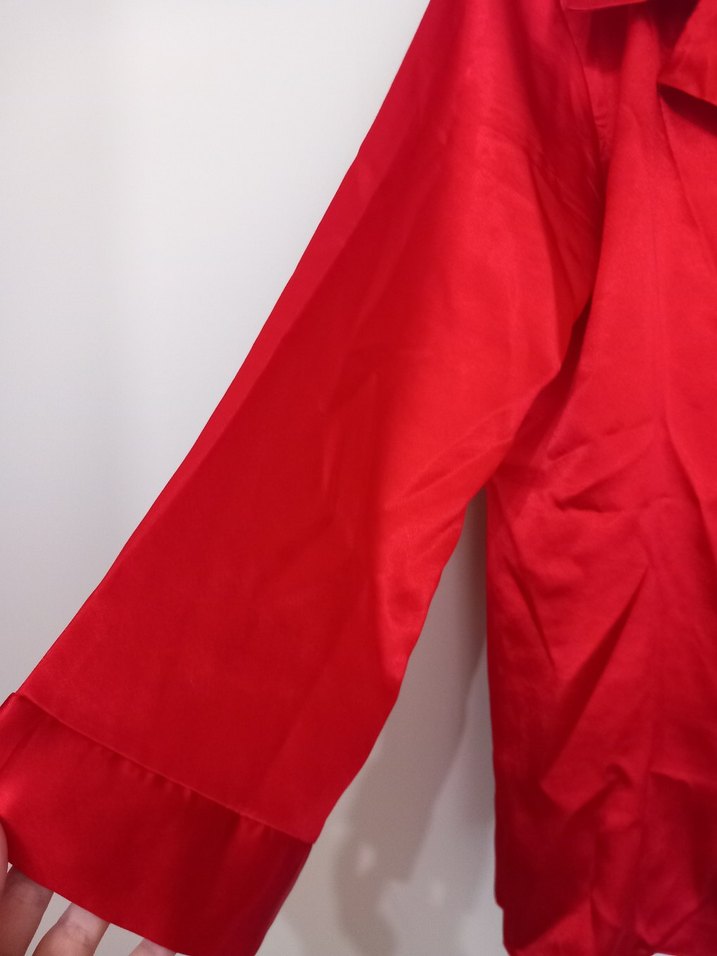 Kadın Kırmızı Saten Düğmeli pijama takımj - Görsel 3