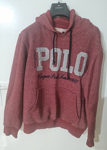 Kırmızı Kapüşonlu Polo Baskılı Sweatshirt