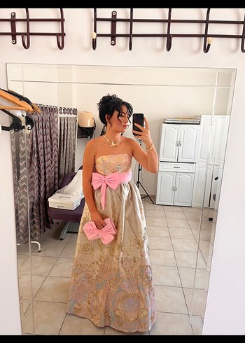 Pembe Dantel Detaylı Straplez Bohem Uzun Abiye - Görsel 5