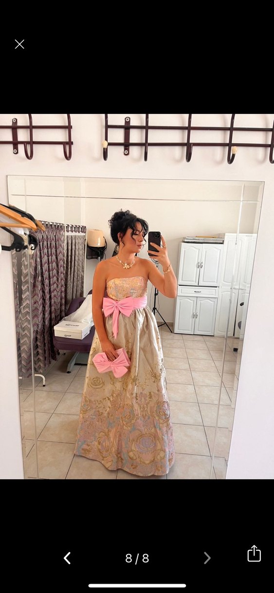 Pembe Dantel Detaylı Straplez Bohem Uzun Abiye - Görsel 5