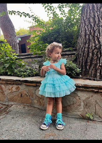Fırfırlı Turkuaz Kız Çocuk Elbisesi - Görsel 2