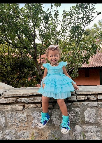 Fırfırlı Turkuaz Kız Çocuk Elbisesi - Görsel 3