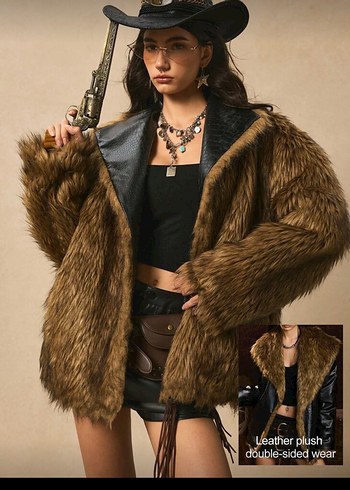 Kahverengi Yılan Desenli Deri Kürk Mont - Görsel 7