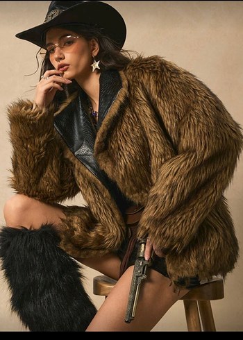 Kahverengi Yılan Desenli Deri Kürk Mont - Görsel 10