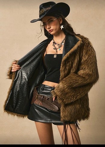 Kahverengi Yılan Desenli Deri Kürk Mont - Görsel 9