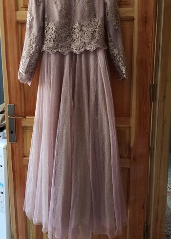 pudra Nakışlı Uzun Kollu Vintage Abiye Elbise