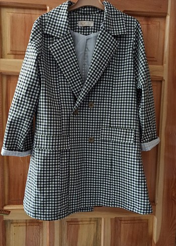 Gri Ekose Düğmeli Kadın Blazer Ceket