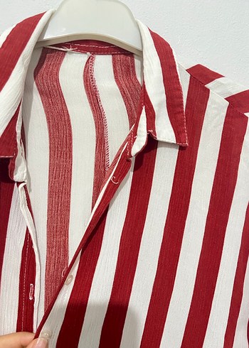 Kırmızı Çizgili Bağlamalı Kadın Gömlek - Görsel 3
