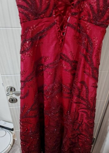 Bordo Nakışlı Uzun Abiye Elbise - Görsel 3