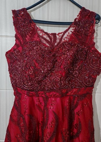 Bordo Nakışlı Uzun Abiye Elbise - Görsel 6