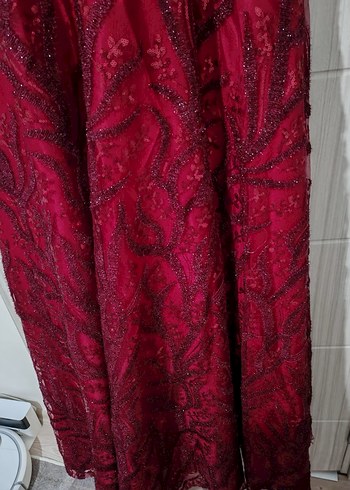 Bordo Nakışlı Uzun Abiye Elbise - Görsel 5