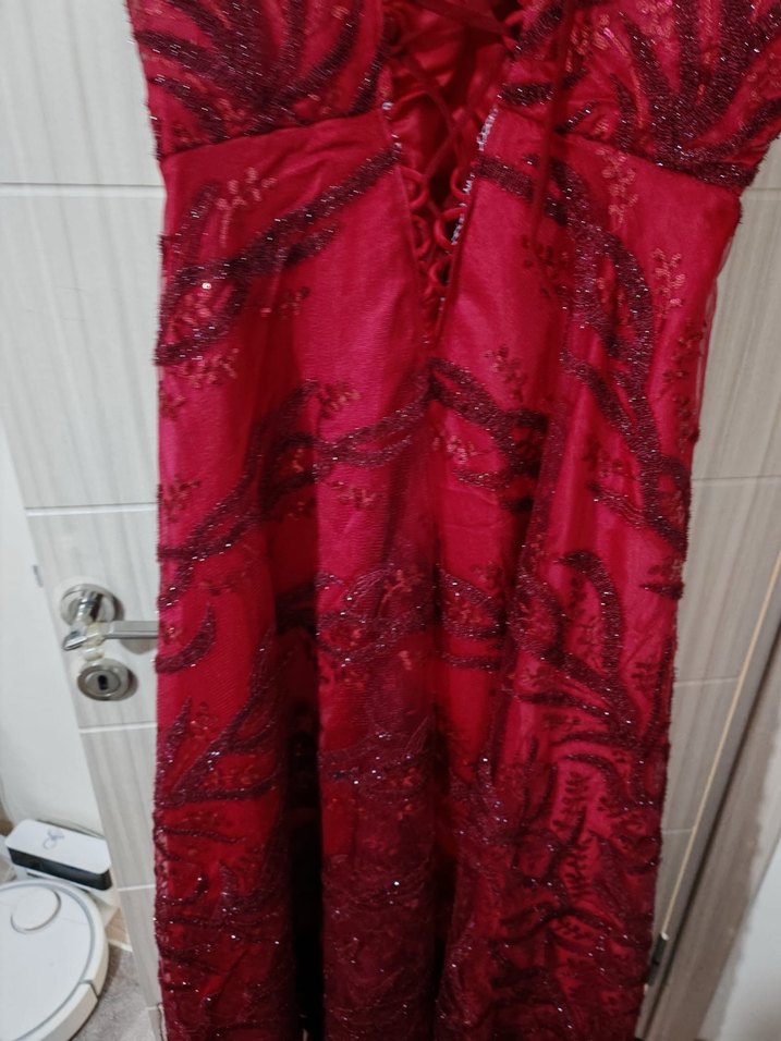 Bordo Nakışlı Uzun Abiye Elbise - Görsel 3