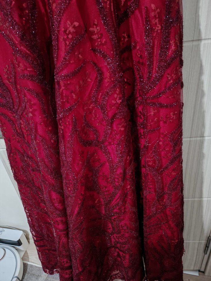 Bordo Nakışlı Uzun Abiye Elbise - Görsel 5