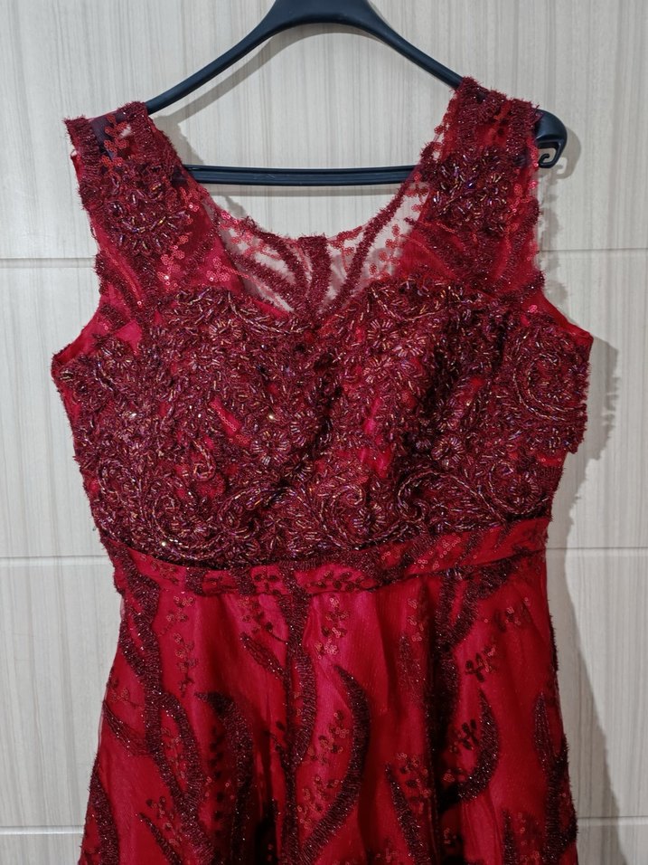 Bordo Nakışlı Uzun Abiye Elbise - Görsel 2