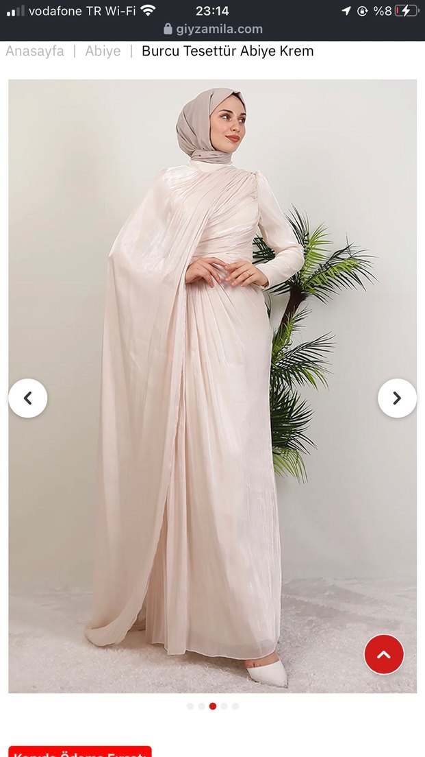 Drapeli Uzun Krem Kadın Abiye Elbise - Görsel 3