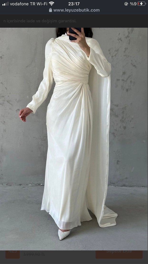 Drapeli Uzun Krem Kadın Abiye Elbise - Görsel 2