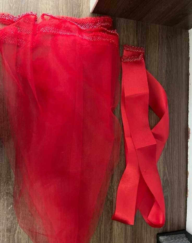 Parlak Kırmızı Fiyonklu Düğün Aksesuarı Kuşaklı Duvak - Görsel 2