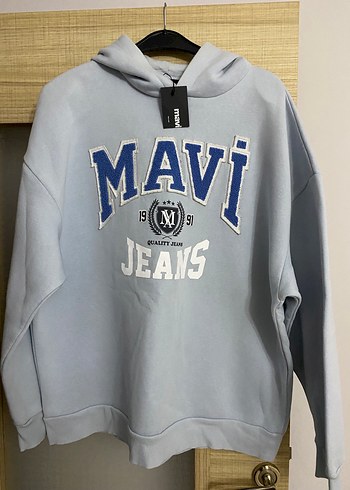 Gri Kapüşonlu Mavi Jeans Sweatshirt - Görsel 2