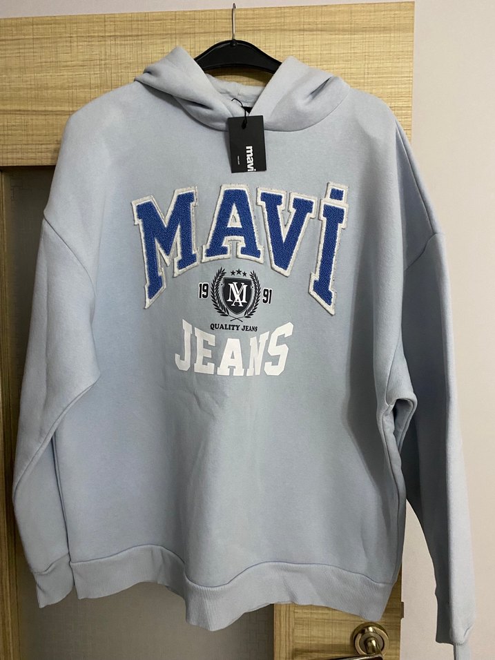 Gri Kapüşonlu Mavi Jeans Sweatshirt - Görsel 2