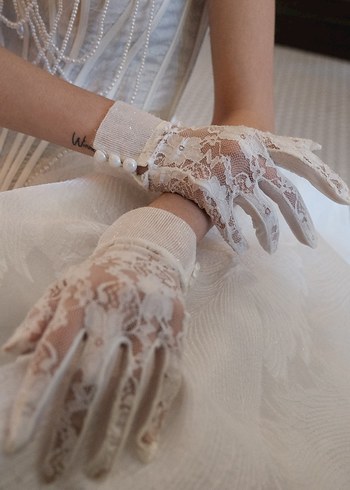 Kadın Beyaz Dantel Vintage Eldiven - Görsel 3