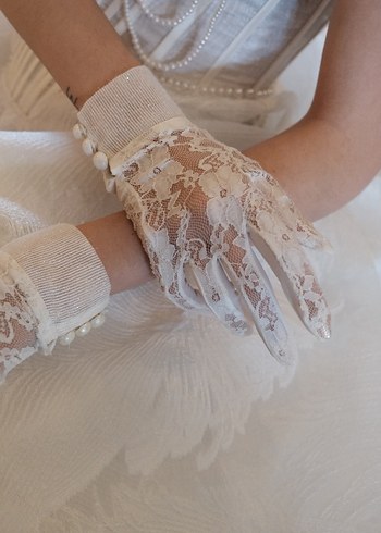 Kadın Beyaz Dantel Vintage Eldiven - Görsel 2