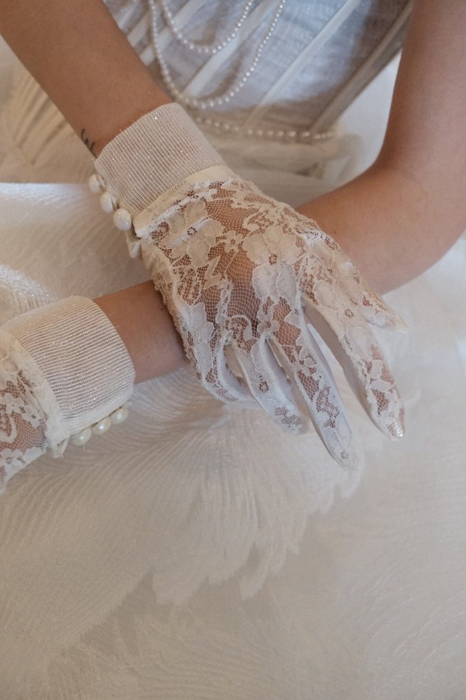 Kadın Beyaz Dantel Vintage Eldiven - Görsel 2