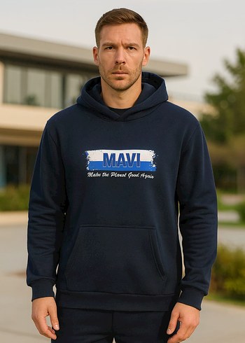 Mavi Baskılı Kapüşonlu Sweatshirt