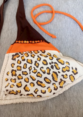 42 Beden kahverengi Renk Düğmeli Leopar Desenli Bohem Bikini Üstü