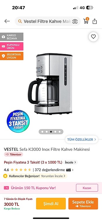 Vestel filtre kahve makinesi
