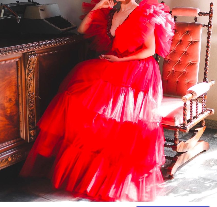 Kırmızı Drapeli Uzun Straplez Kadın Elbise - Görsel 2