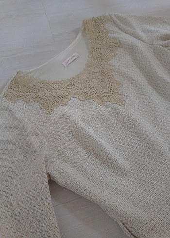 Bej Nakışlı Midi  Elbise - Görsel 5