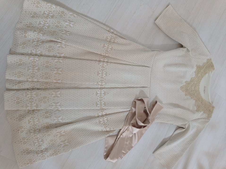 Bej Nakışlı Midi  Elbise - Görsel 4