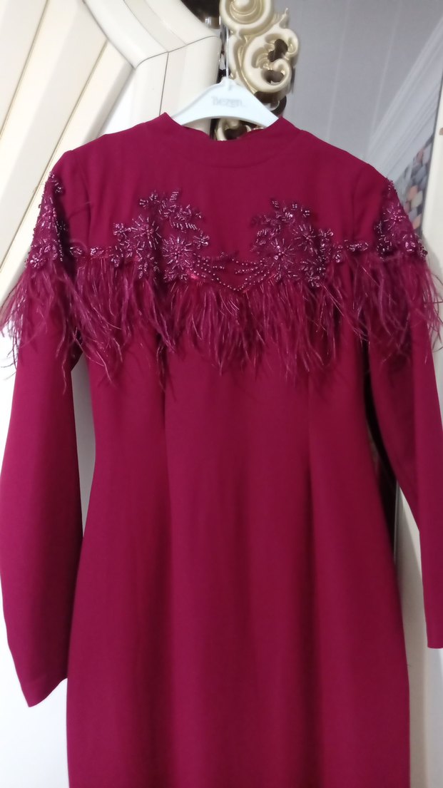 Bordo Uzun Kollu Nakışlı Kadın Abiye Elbise - Görsel 2