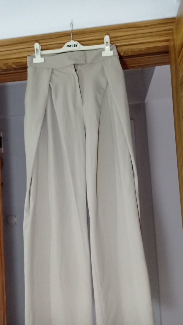 Beyaz Keten Kadın Pantolon, Pileli, Uzun - Görsel 4