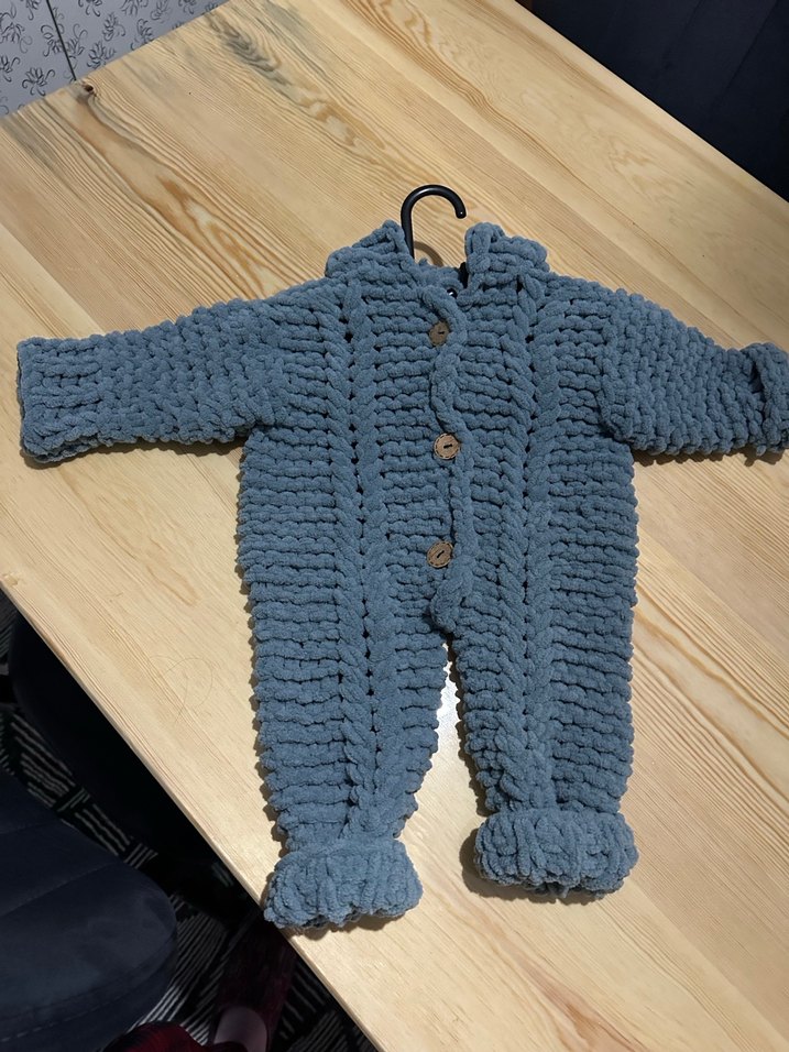 Gri Örgü Bebek Tulumu Kapüşonlu - Görsel 2