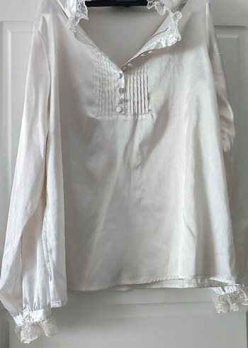 Vintage Love Romantik Ekru Saten Vintage Firfirli Bluz