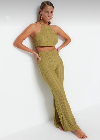 Kadın Fitilli Örgü crop-pantolon takım