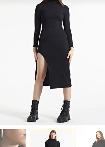 Siyah Uzun yırtmaç detaylı Elbise - Görsel 4