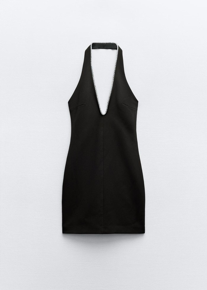 Zara Parlak taşlı V Yakalı Siyah Mini Elbise - Görsel 2