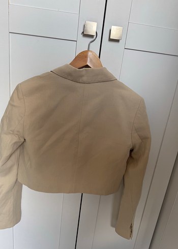 xs Beden Bej Keten Düğmeli Kadın Blazer Ceket Mini