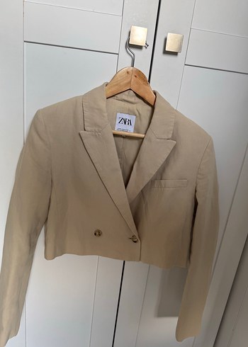 Bej Keten Düğmeli Kadın Blazer Ceket Mini