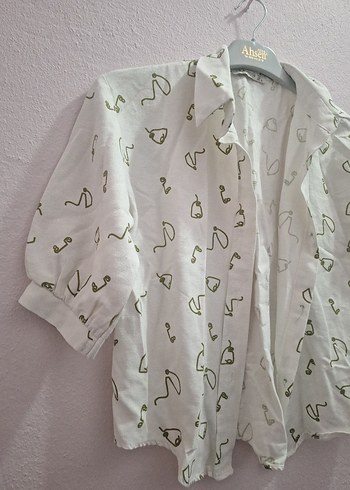 Düğmeli Kısa Kollu Baskılı Keten Gömlek - Görsel 2