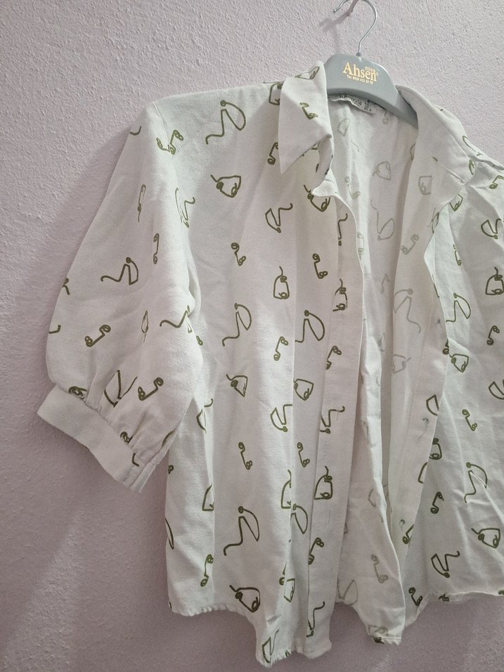 Düğmeli Kısa Kollu Baskılı Keten Gömlek - Görsel 2