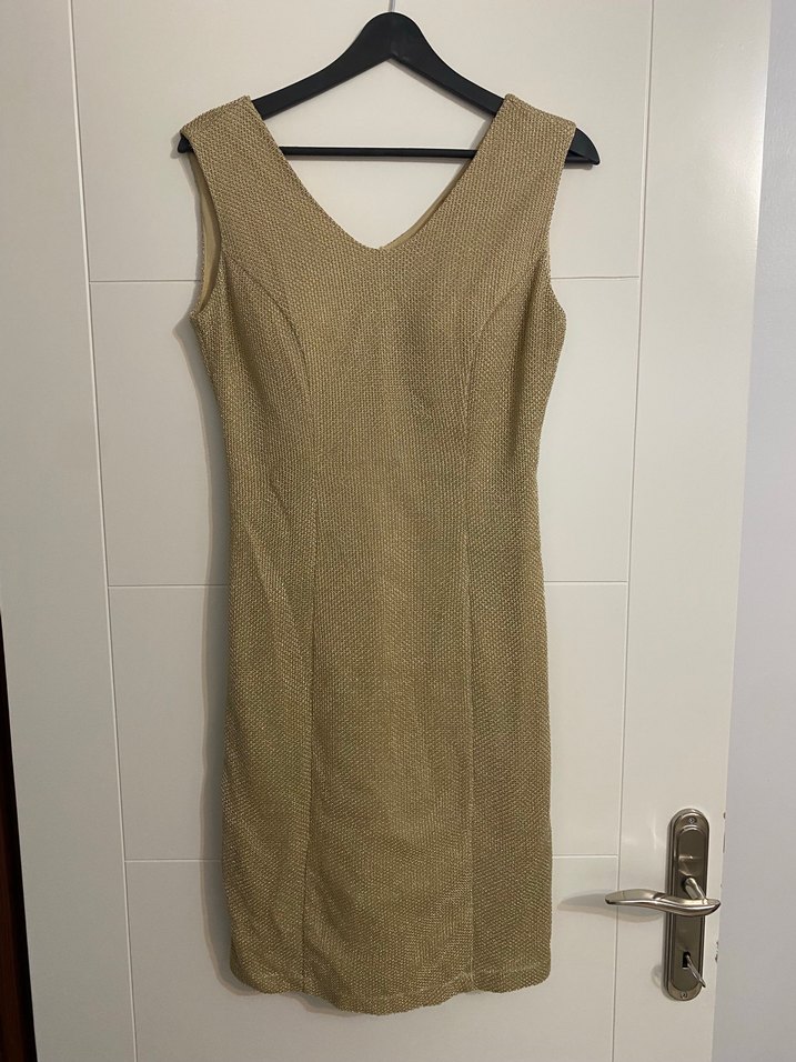 Parlak Midi V Yaka Kolsuz Elbise - Görsel 4