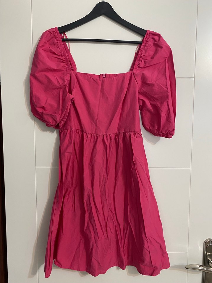 Pembe Midi Elbise, Fırfırlı, V Yaka - Görsel 5