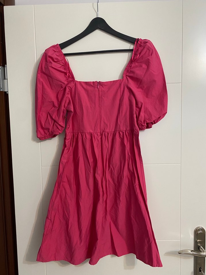 Pembe Midi Elbise, Fırfırlı, V Yaka - Görsel 2