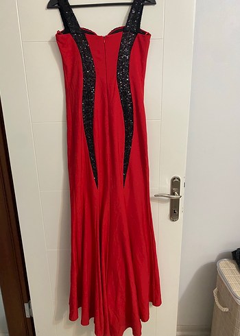 Uzun Kırmızı Straplez Nakışlı Abiye Elbise - Görsel 5