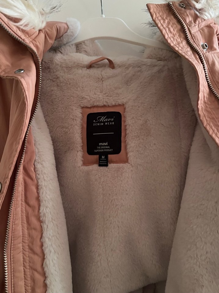 Peluş Kapüşonlu Bej Kadın Kışlık Ceket - Görsel 2