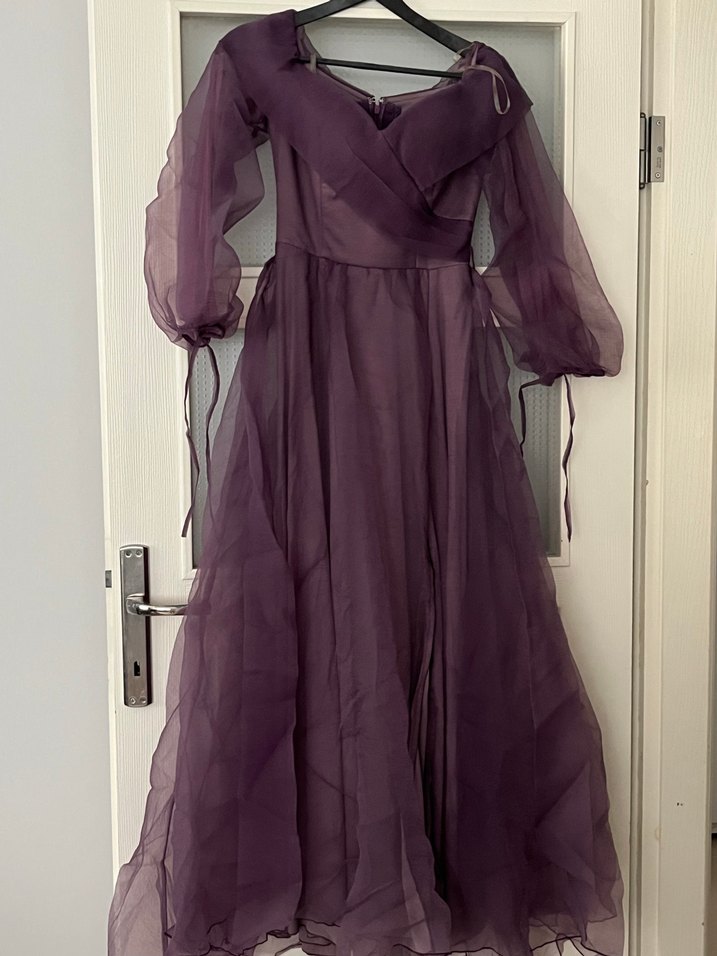 Uzun Mor Drapeli Kadın Abiye Elbise - Görsel 2