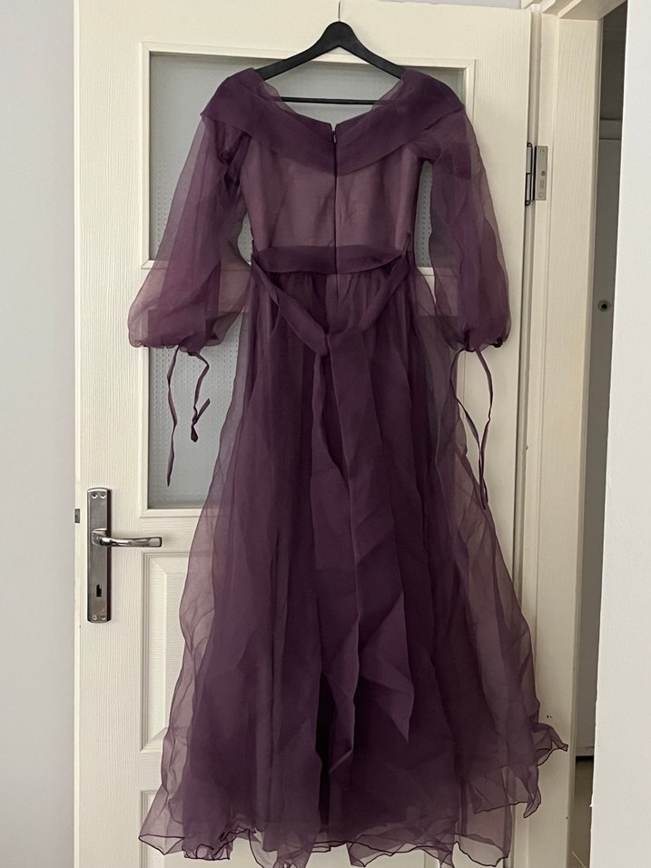 Uzun Mor Drapeli Kadın Abiye Elbise - Görsel 3